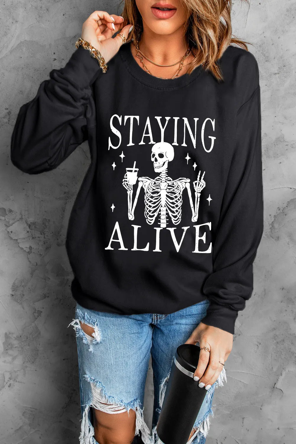 Skull Graphic Women's Staying Alive Long Sleeve Sweatshirt