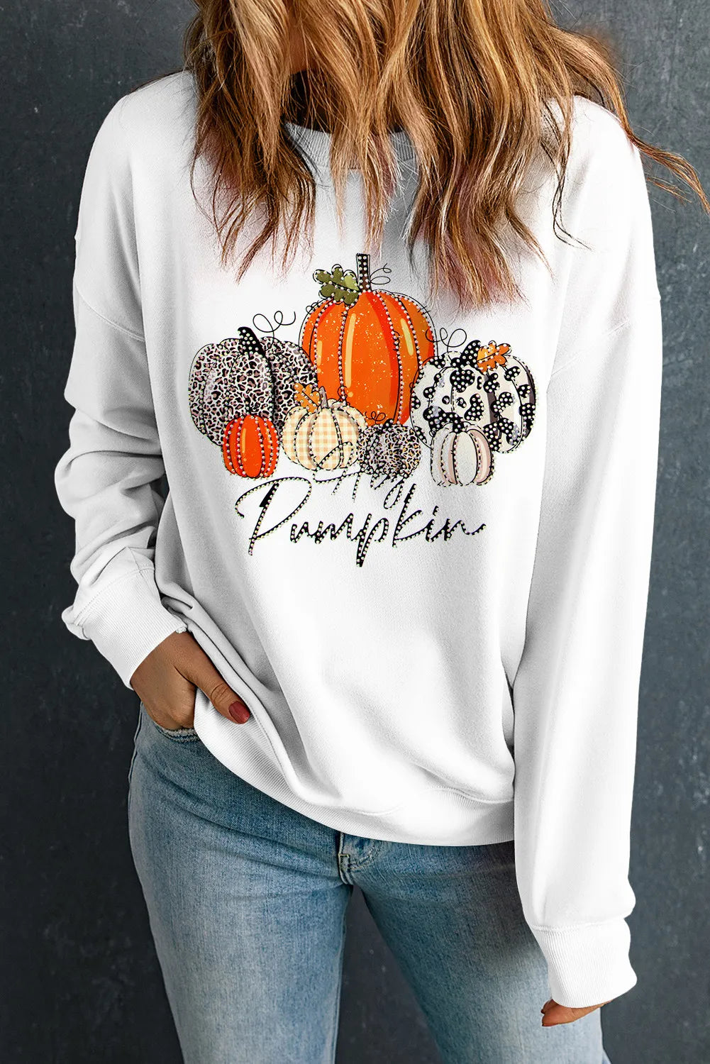 Pumpkin Graphic Round Neck Dropped Shoulder Women's Sweatshirt