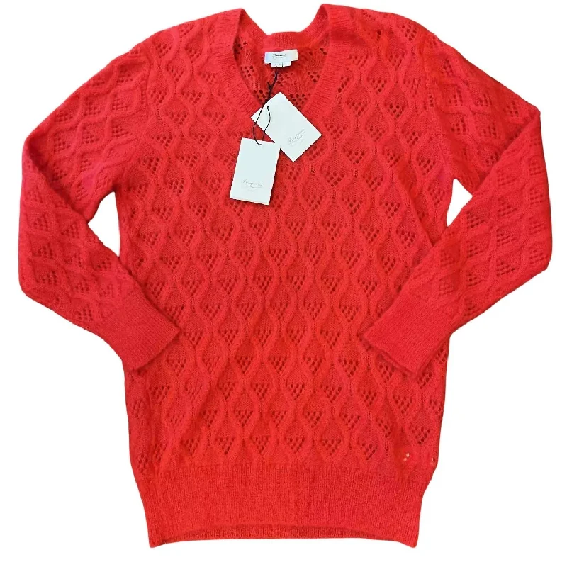 Women's Pointelle Mohair Pullover Knit Sweater In Red