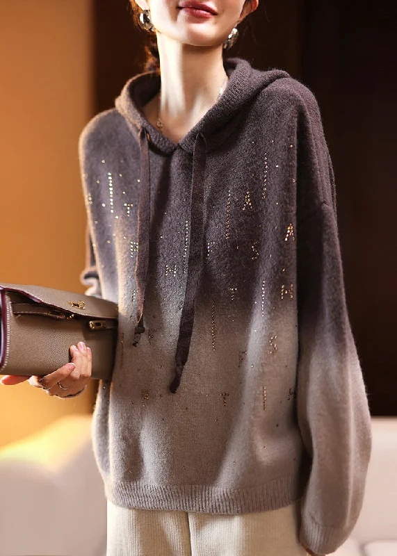 Loose Coffee Gradient Color Hooded Zircon Cotton Knit Top Spring