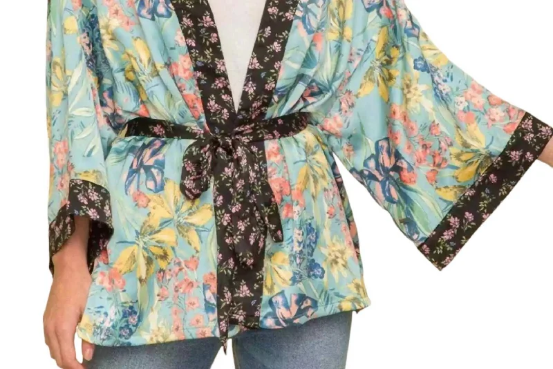 Floral Tie Kimono In Blue/green