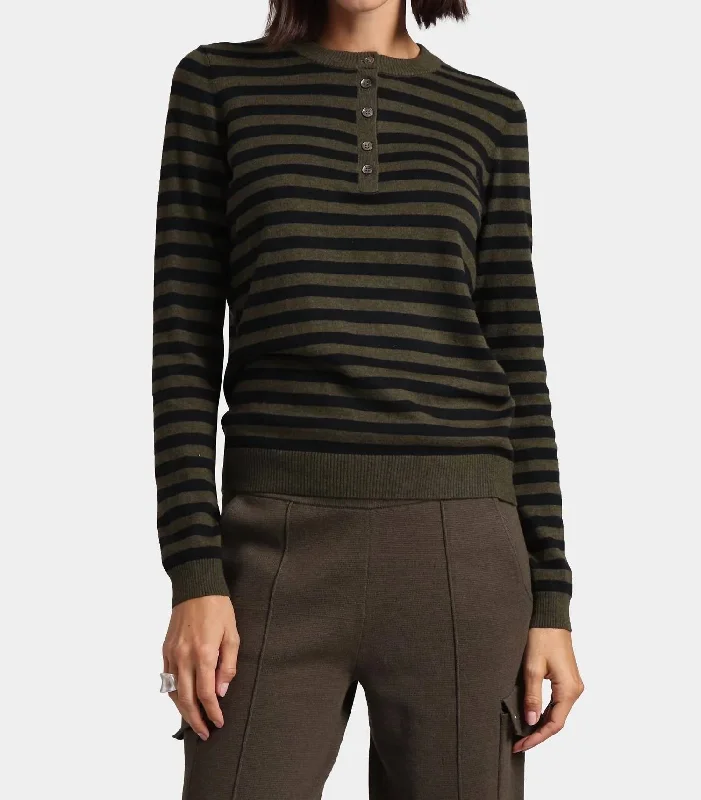 Cotton Cashmere Striped Henley Sweater In Army/black