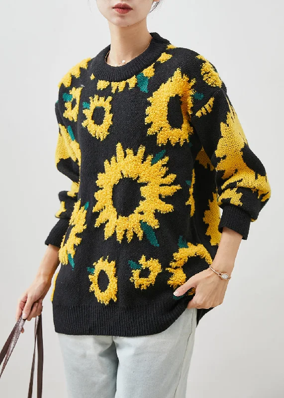 Art Black Oversized Sunflower Jacquard Knit Sweaters Winter