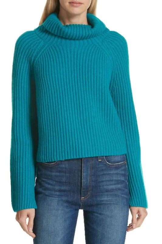 Ribbed Cashmere Turtleneck Pullover Sweater In Teal