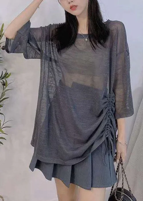 Loose Dark Gray Lace Up Cozy Ice Silk Knit Top Half Sleeve