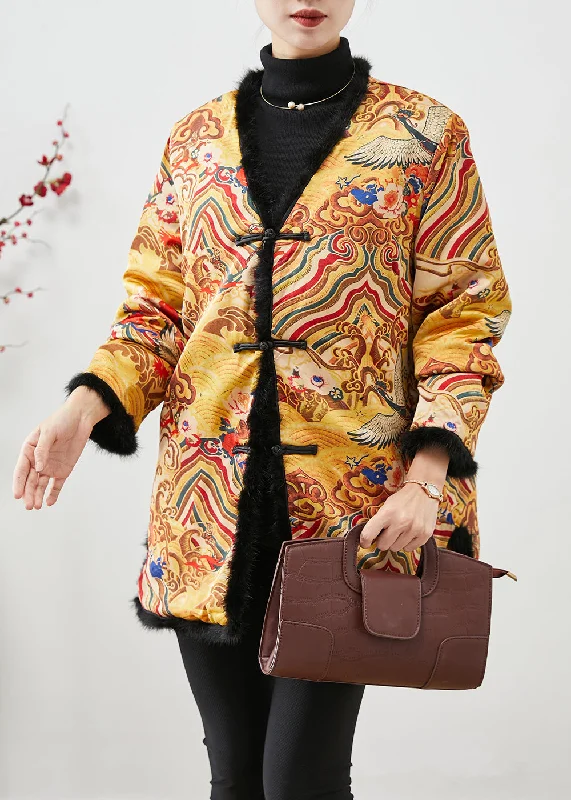 Chinese Style Yellow Print Patchwork Mink Hair Fine Cotton Filled Coats Winter