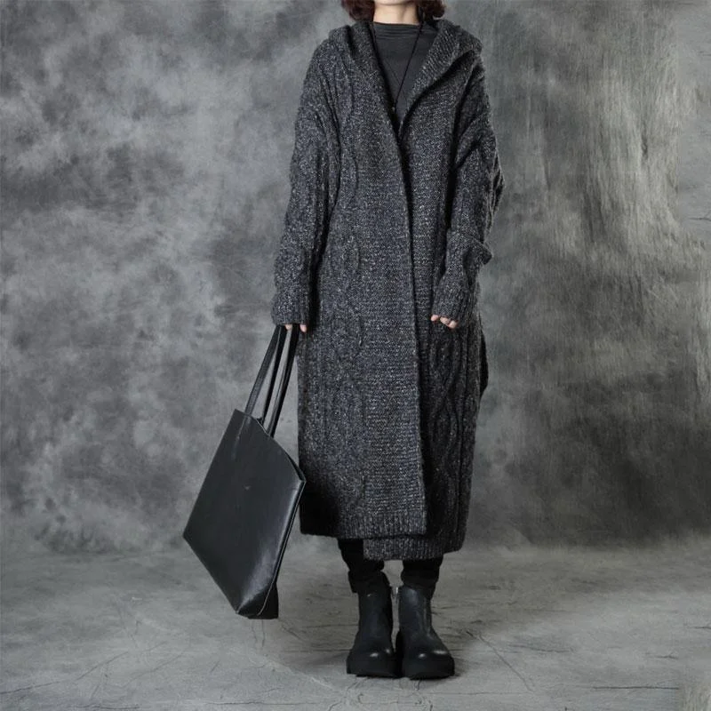 Classy Dark Gray Loose Hooded Fall Knitwear Coat