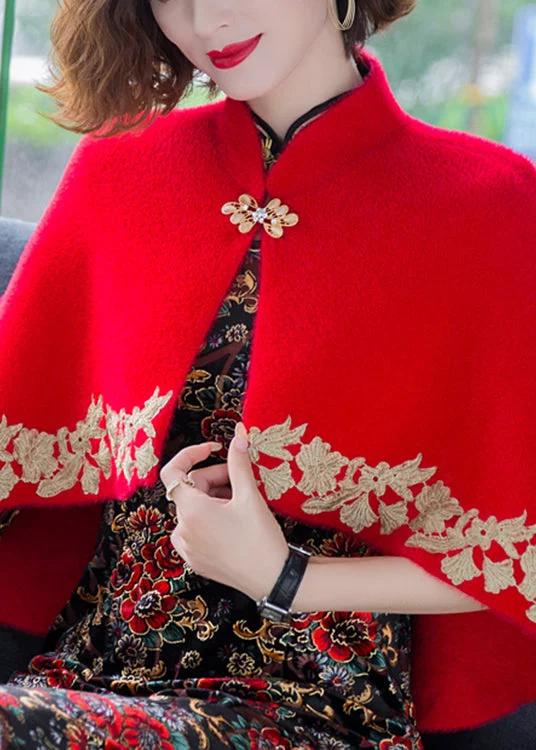 Classy Red Stand Collar Embroideried Patchwork Mink Velvet Coats Fall