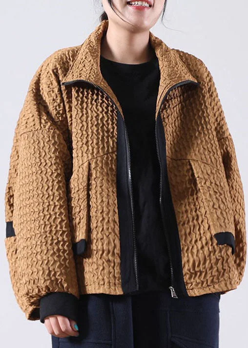 Coffee Patchwork Corduroy Zip Up Spring Coat