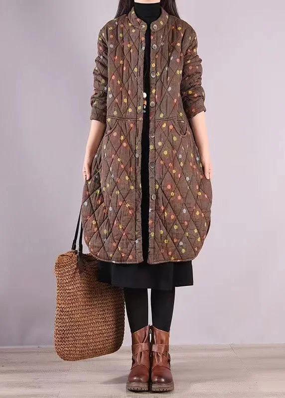 Coffee Print Pockets Patchwork Fine Cotton Filled Coats Stand Collar Winter