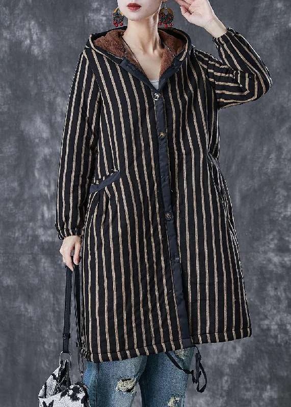 Coffee Striped Warm Fleece Coats Hooded Winter