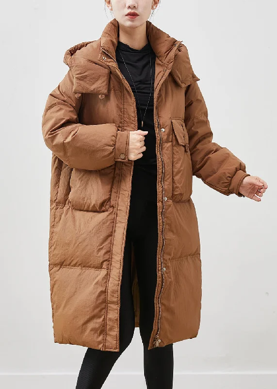 Coffee Warm Duck Down Puffer Jacket Hooded Pockets Winter