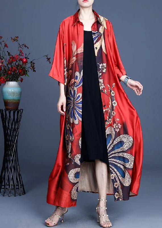 DIY Red Print Spring Loose Coat Long