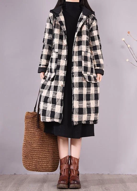 Elegant Black Plaid Parkas For Women Trendy Plus Size Coats Hooded Pockets Outwear