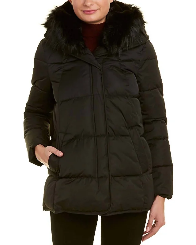 Morgan Faux-Fur Trim Puffer Short Coat In Black