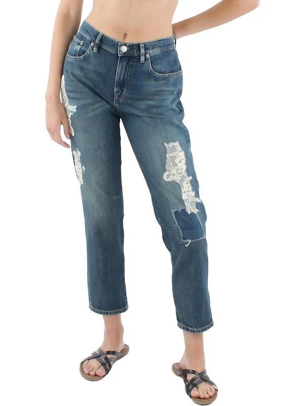 Womens Embellished Mid Rise Ankle Jeans