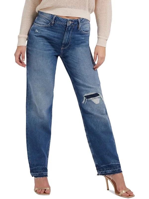 Womens High Rise Distressed Straight Leg Jeans