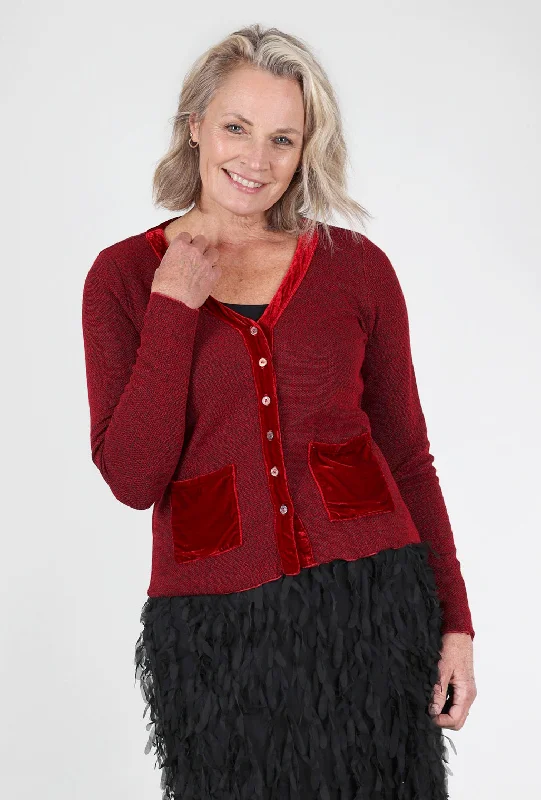 Marble Knit Velvet Pocket Sweater, Cardinal Red