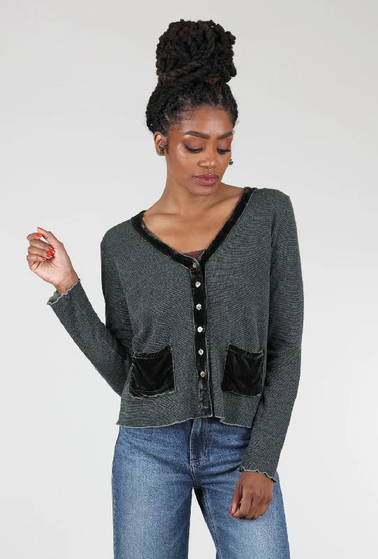 Marble Knit Velvet-Pocket Sweater, Myrtle