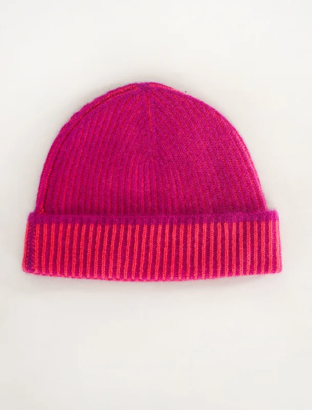 Plaited Rib Cashmere Hat, Magenta/Poppy