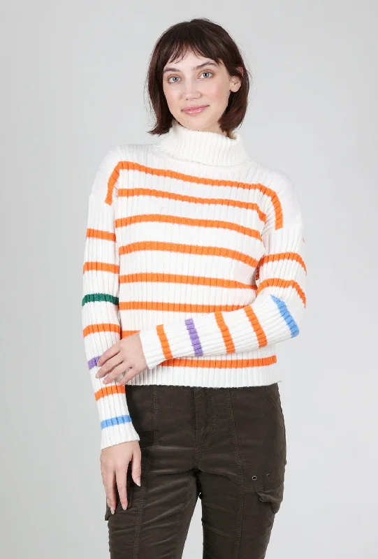 Ribbed Stripe Tneck Sweater, Cream/Fire