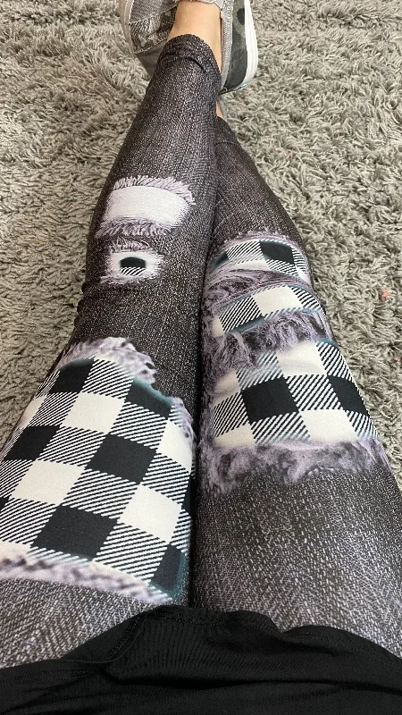 Black and White Plaid Patched Leggings