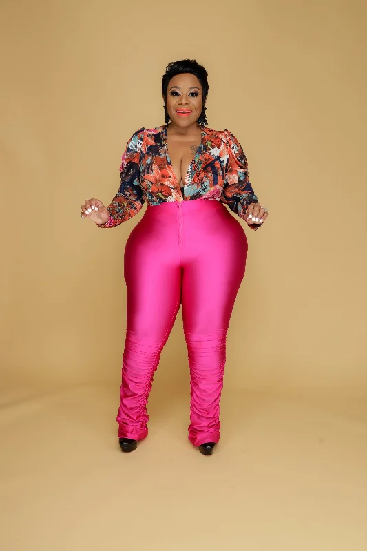 Pink Ruched Zipper Pants