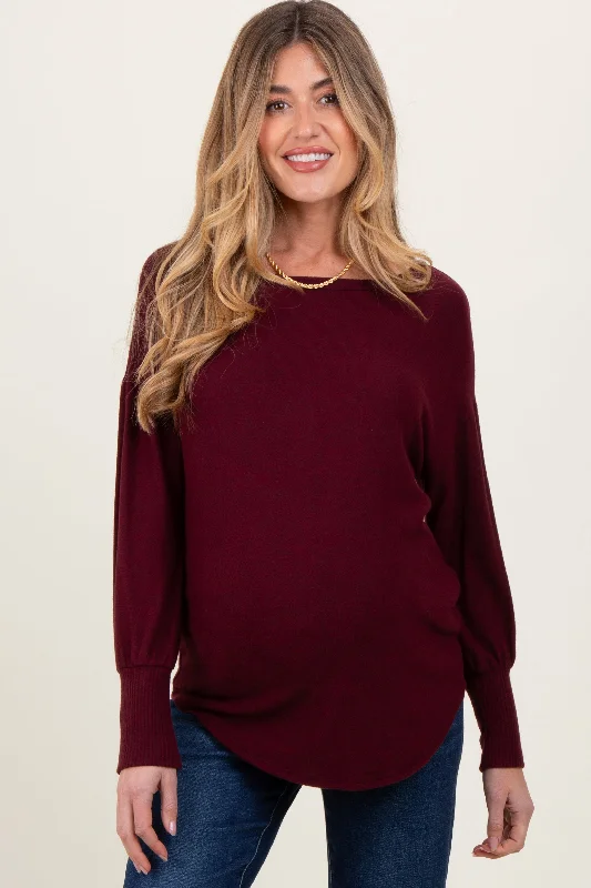 Burgundy Premium Basic Cuffed Loose Fit Maternity Top