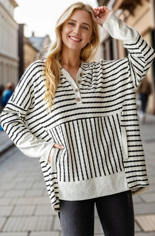 CAROL LONG SLEEVE STRIPE AND SOLID CONTRAST HOOIDE TOP