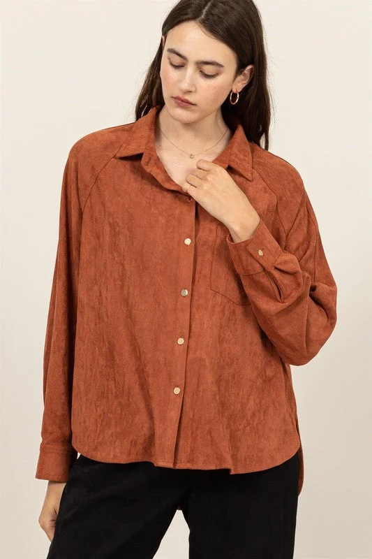 EVANGELINE STRETCHY SUEDE BUTTON-UP SHIRT