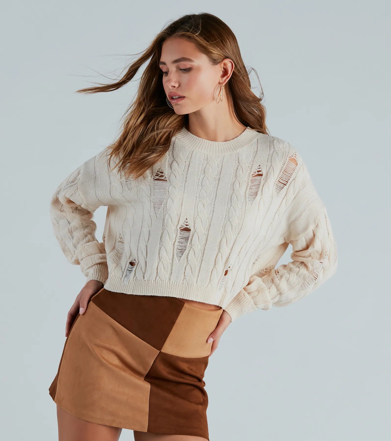 Latte Meet Up Distressed Cable Knit Sweater