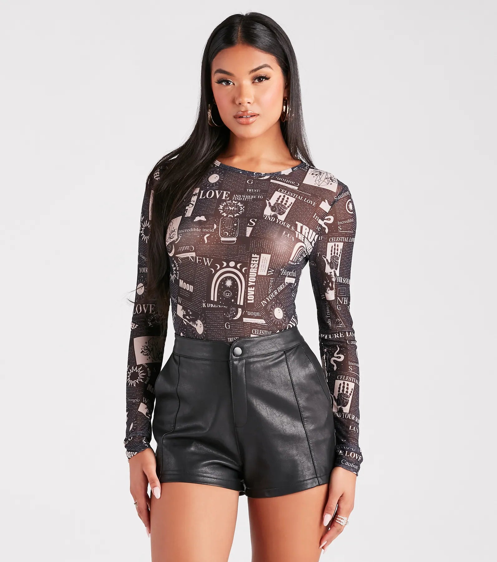 Must Be Fate Mesh Celestial Newsprint Bodysuit