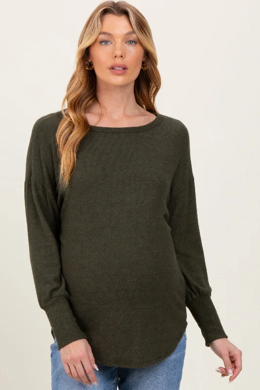 Olive Premium Basic Cuffed Loose Fit Maternity Top