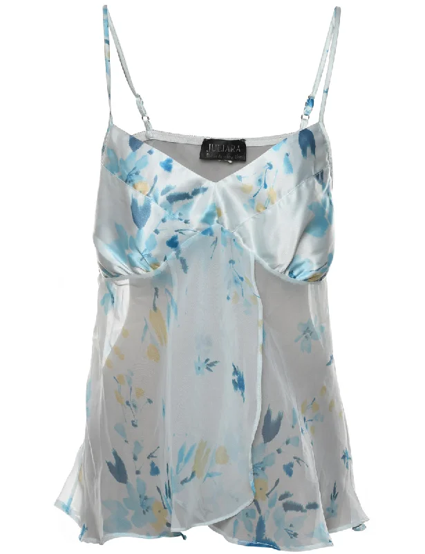 Sheer White & Blue Sheer Floral Print Babydoll - S