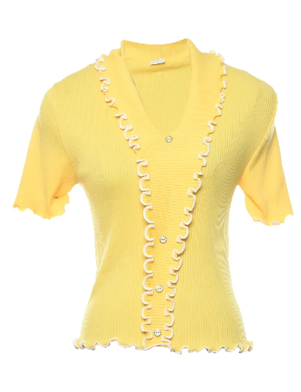 Short Sleeve White & Yellow Frilled Top - S