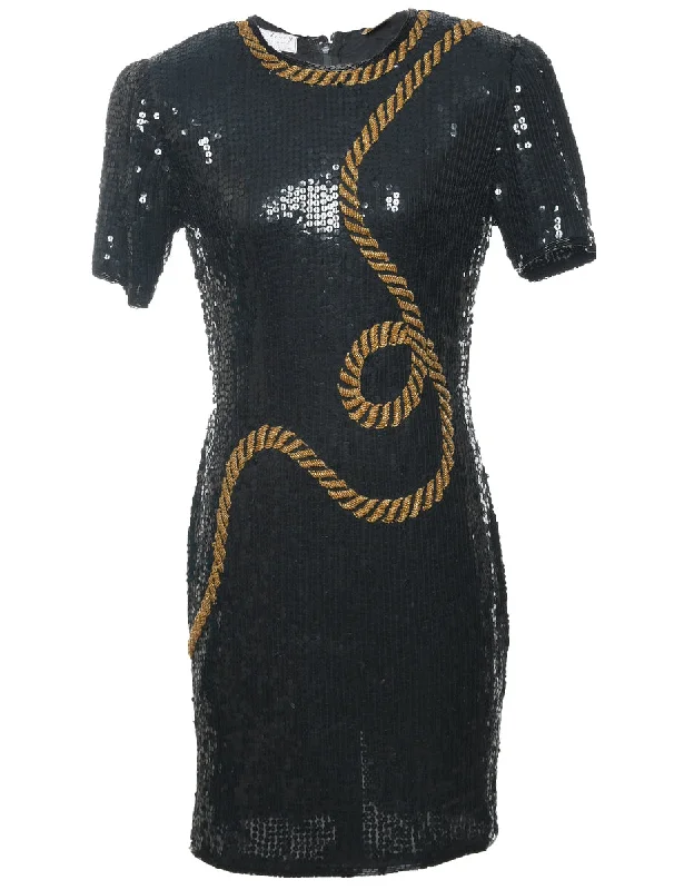 Silk Black & Gold Sequined Evening Dress  - M