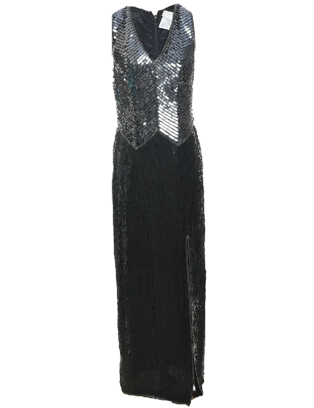 Silk Black Silver Sequined Evening Dress - M