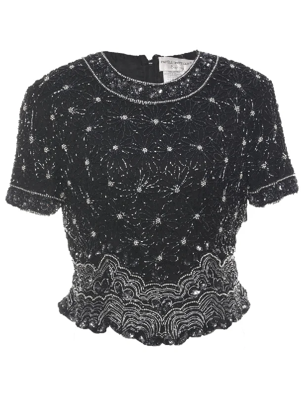 Silk Sequined Black Party Top - L