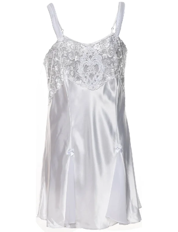 Silver Lace Trim Silky Slip Dress - L