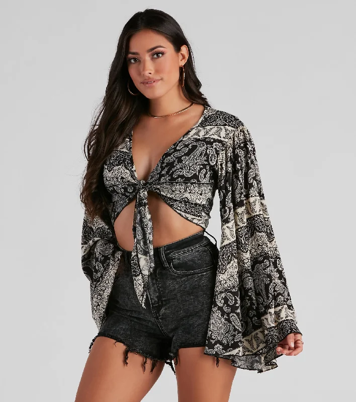 So Breezy Paisley Tie-Front Top